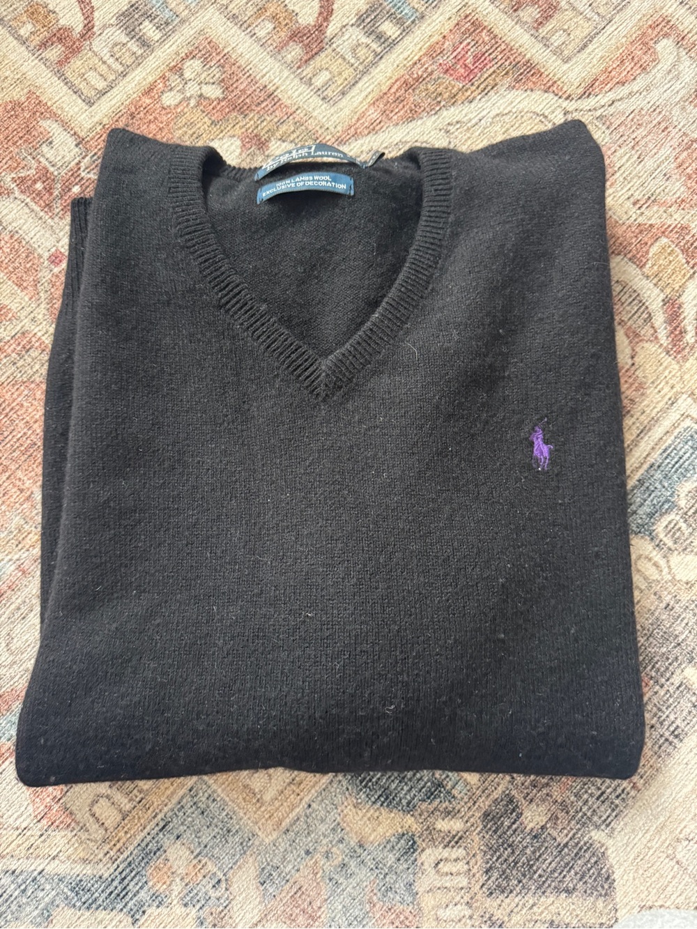 Ralph Lauren Black V-Neck Sweater with Purple Polo Pony